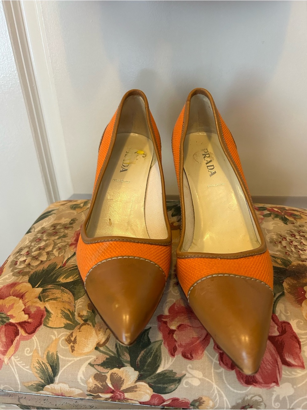 Prada Orange and Tan Pointed-Toe Pumps Vintage